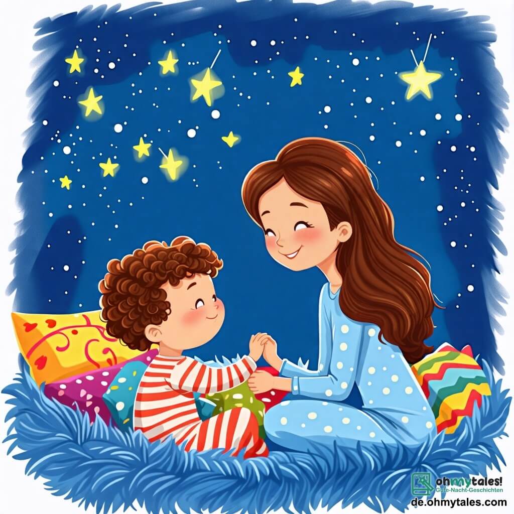 Une illustration sous forme de dessin destinée aux enfants représentant une chambre chaleureuse avec des murs peints en bleu, où un petit garçon de 2 ans aux cheveux bruns et bouclés, portant un pyjama rayé, est assis sur son grand lit moelleux entouré de coussins colorés, tenant la main de sa maman, une femme douce aux cheveux longs et châtains, qui lui sourit tendrement pour le rassurer alors qu'ils regardent ensemble par la fenêtre les étoiles scintillantes dans le ciel nocturne, illustrant la scène réconfortante où le garçon surmonte sa peur de l'obscurité.