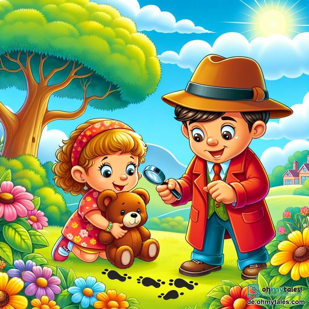 Une illustration sous forme de dessin destinée aux enfants représentant un jardin coloré et ensoleillé avec des fleurs éclatantes et un grand arbre, où un homme au grand sourire, portant une redingote rouge et un chapeau de détective, examine attentivement des empreintes de pas dans l'herbe, tandis qu'une petite fille aux cheveux bouclés et aux yeux pétillants, tenant un ours en peluche brun dans ses bras, regarde avec curiosité et un grand chien marron aux yeux vifs, assis à côté d'eux, semble joyeux et prêt à jouer, illustrant ainsi la quête pour retrouver le précieux Teddybär perdu.