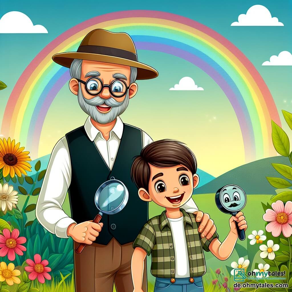 Une illustration destinée aux enfants représentant un garçon aux cheveux bruns et au sourire espiègle, préparant une mission secrète pour la Fête des Pères, accompagné de son papa, un homme gentil avec un chapeau et une loupe, dans un jardin fleuri avec un arc-en-ciel brillant à l'horizon.