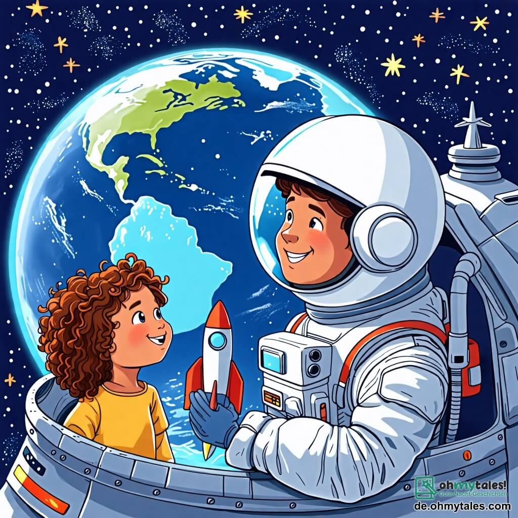 Une illustration sous forme de dessin destinée aux enfants représentant un vaste espace interstellaire rempli d'étoiles scintillantes et d'une Terre bleue en arrière-plan, avec un astronaute homme en combinaison spatiale blanche, souriant et debout à l'intérieur de son vaisseau spatial argenté, tandis qu'une petite fille aux cheveux bruns et bouclés, émerveillée, regarde par le hublot, tenant un petit jouet en forme de fusée, le tout évoquant l'excitation d'un voyage vers le cosmos.