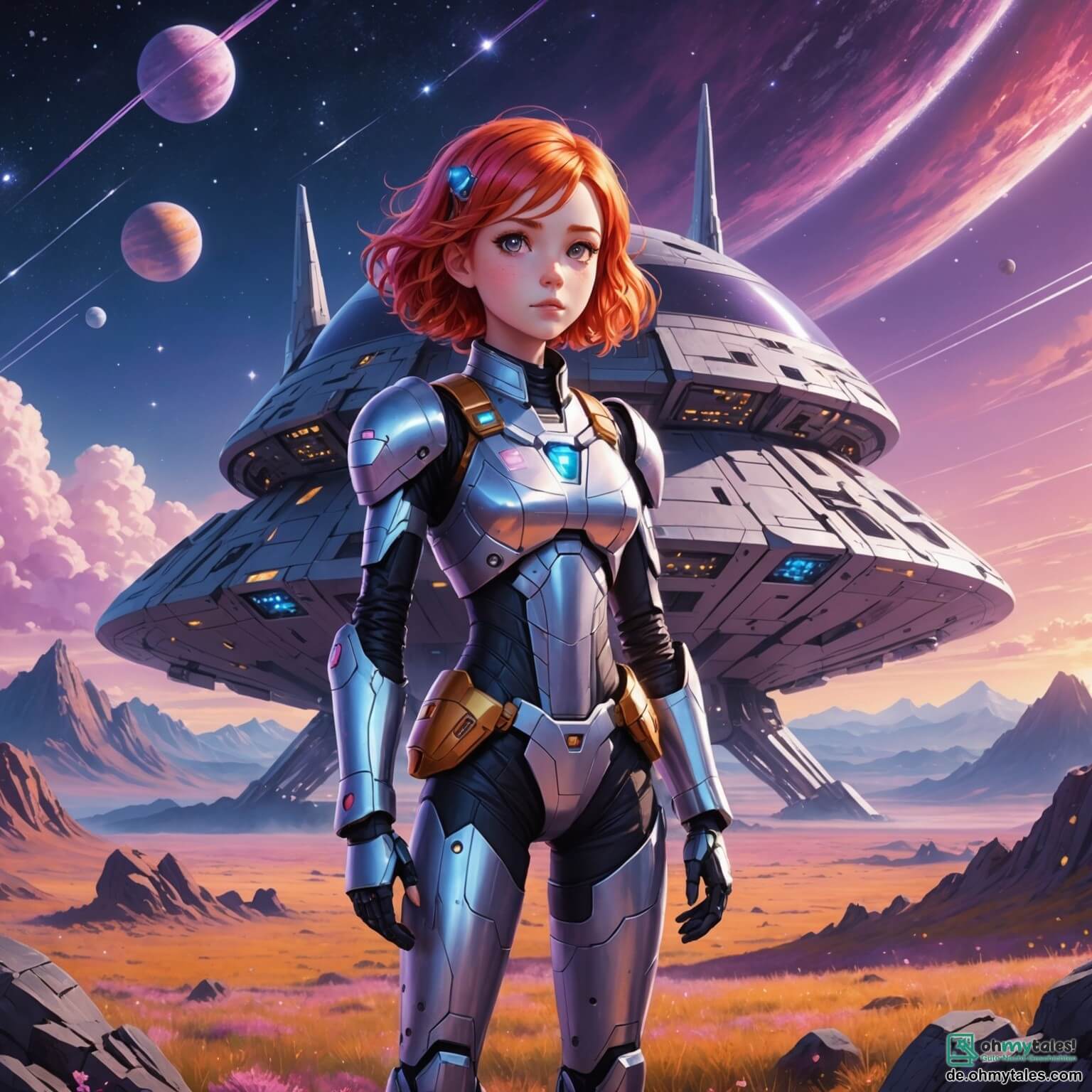 Une illustration destinée aux enfants représentant une jeune femme aux cheveux flamboyants, scintillant comme des étoiles, qui, avec un regard déterminé et des yeux pétillants d'aventure, se tient devant un immense vaisseau spatial argenté, prêt à explorer les merveilles d'un lointain planète aux paysages enchanteurs, où des montagnes aux teintes violettes se dressent majestueusement sous un ciel parsemé de nuages roses et d'étoiles brillantes, tandis qu'à ses côtés, un petit robot aux formes rondes et aux lumières clignotantes, son fidèle compagnon, l'encourage avec des bips enthousiastes, et ensemble, ils s'apprêtent à vivre une incroyable odyssée intergalactique à la découverte de nouvelles civilisations et de mystères cosmiques.