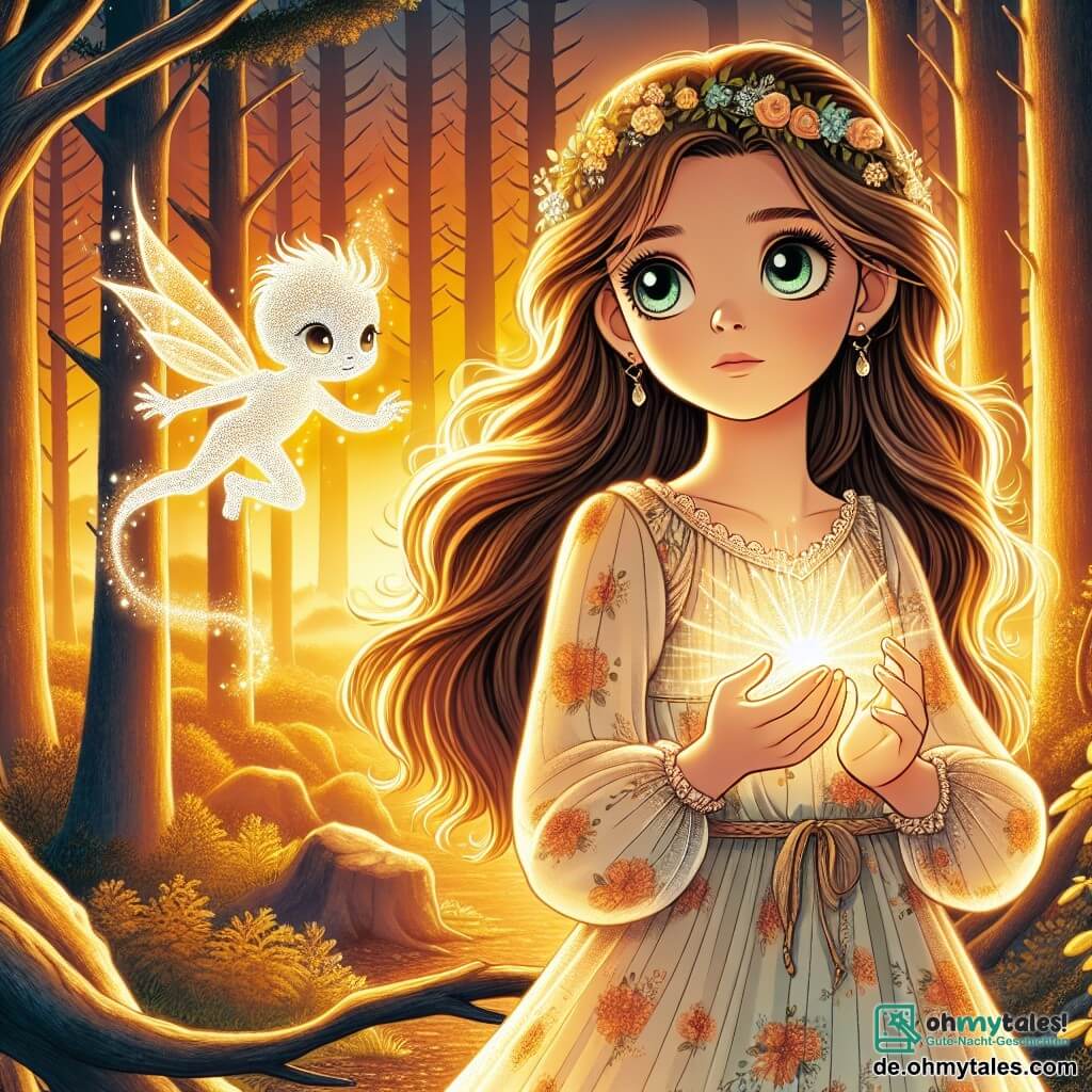 Une illustration sous forme de dessin destinée aux enfants représentant une forêt enchantée baignée par la lumière dorée du soleil couchant, où une jeune femme aux longs cheveux ondulés et aux yeux brillants, vêtue d'une robe légère ornée de motifs floraux, se tient avec détermination, tenant un éclatant cristal lumineux dans ses mains, tandis qu'un esprit de la nature, sous la forme d'une petite créature translucide avec des ailes scintillantes, flotte à ses côtés, l'encourageant dans sa quête pour restaurer l'équilibre entre la lumière et la ténèbre, alors que des ombres menaçantes se dessinent en arrière-plan, symbolisant le danger imminent.