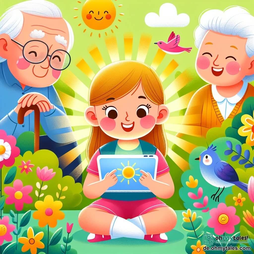 Une illustration destinée aux enfants représentant une fille curieuse et espiègle, plongée entre l'écran lumineux d'une tablette et les rayons chaleureux du soleil, accompagnée par un voisin âgé au sourire bienveillant, dans un jardin fleuri aux couleurs vives et aux oiseaux chantants.