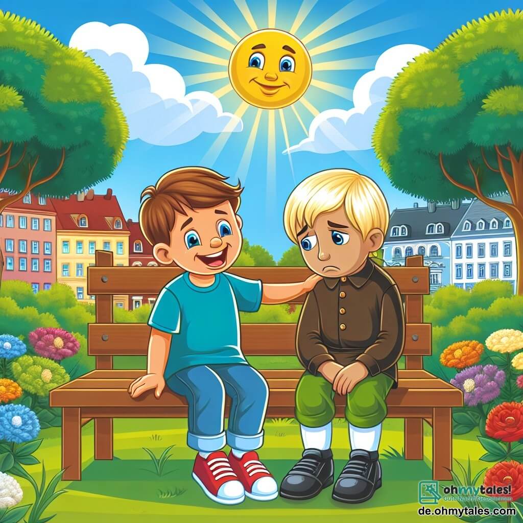 Une illustration destinée aux enfants représentant un petit garçon blond avec un sourire radieux, faisant la connaissance d'une nouvelle amie triste assise sur un banc, dans le parc ensoleillé de Löwenstadt, où les arbres verdoyants et les fleurs colorées entourent les deux enfants.