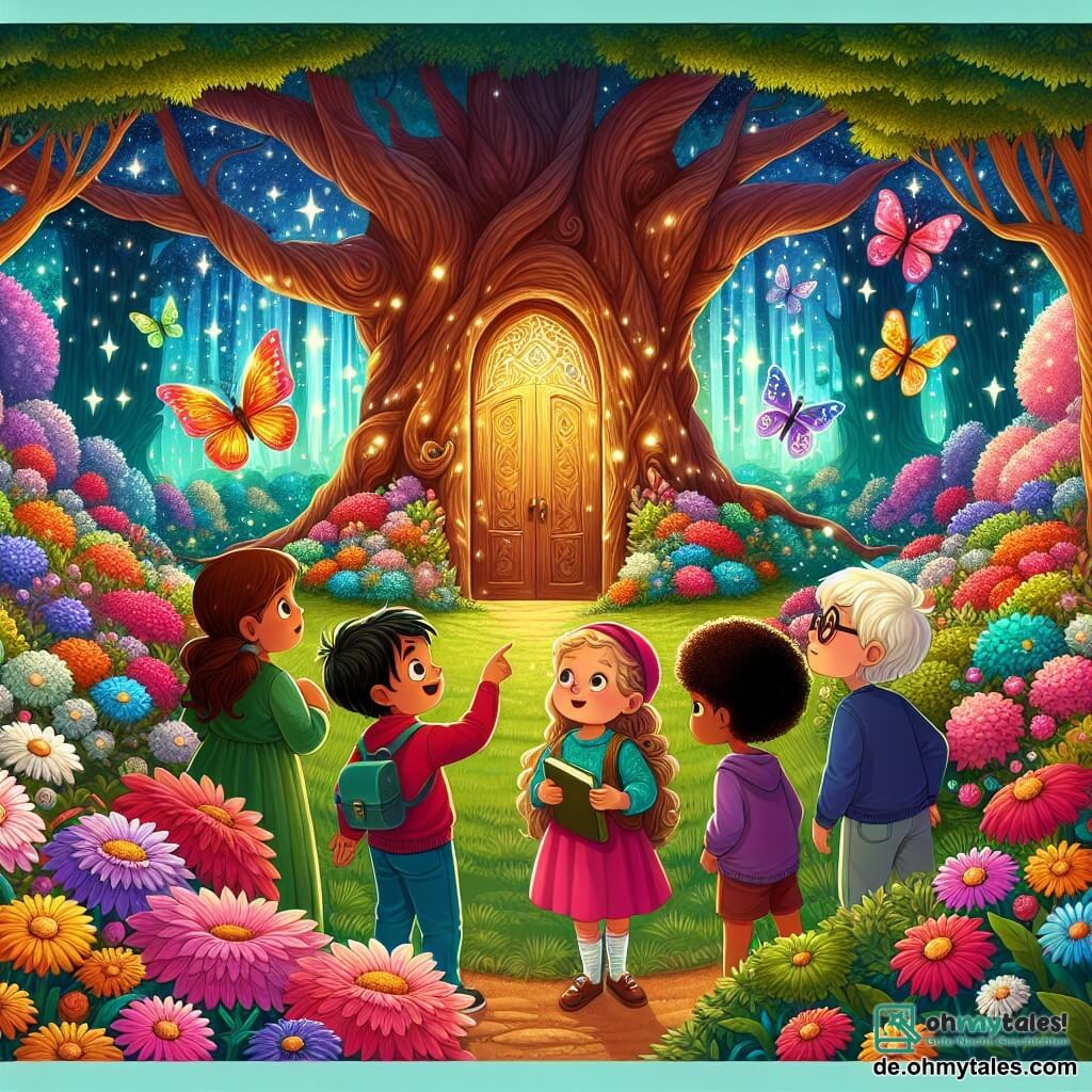 Illustration, die ein wunderschönes magisches Gartenlicht darstellt, wo bunte Blumen wie Sterne leuchten. In der Mitte steht ein großer alter Baum mit einer funkelnden Holztür, umgeben von lebhaft gefärbten Büschen. Vier Kinder sind anwesend: ein etwa 8-jähriges Mädchen mit langen braunen Haaren und einem rosa Kleid, das staunend die Gartentür betrachtet. Neben ihr ein 9-jähriger Junge mit blonden Haaren und einem blauen T-Shirt, der mit einem breiten Lächeln auf die Tür zeigt. Ein weiteres Mädchen, 7 Jahre alt, mit lockigen Haaren und einem grünen Kleid, hält ein kleines Notizbuch und scheint Notizen zu machen. Schließlich ein 10-jähriger Junge mit Brille und rotem Pullover, der gespannt den Garten beobachtet, die Augen vor Aufregung weit geöffnet. Die Hauptsituation zeigt die Kinder, die eine magische Welt entdecken, voller Begeisterung und Neugier, bereit, ins Unbekannte einzutreten. Im Hintergrund fliegen fantastische Kreaturen wie riesige Schmetterlinge und bunte Vögel um sie herum und verleihen der Szene einen Hauch von Märchenhaftigkeit.