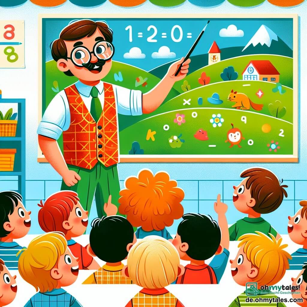 Une illustration destinée aux enfants représentant un instituteur bienveillant, portant des lunettes rondes et un gilet coloré, enseignant des mathématiques de manière ludique à des enfants joyeux, dans une salle de classe lumineuse ornée de dessins d'animaux et de chiffres colorés, située au cœur d'un petit village entouré de champs verdoyants et de montagnes enneigées.