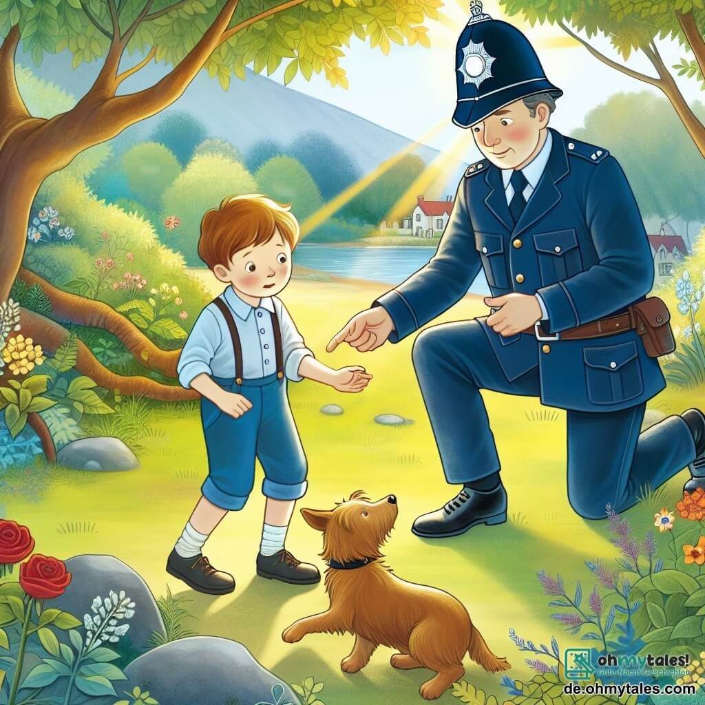 Une illustration destinée aux enfants représentant un homme policier courageux aidant un petit garçon curieux à retrouver son chien perdu dans un jardin ensoleillé bordé d'un bois mystérieux.