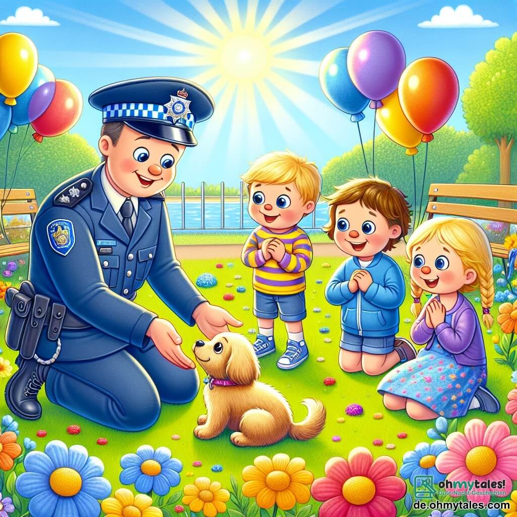 Une illustration sous forme de dessin destinée aux enfants représentant un parc ensoleillé, rempli de fleurs colorées et de ballons flottants, où un homme policier grand et souriant, portant une uniforme bleu et une casquette, s'accroupit pour réconforter un petit chien perdu aux poils dorés, tandis qu'un groupe de quatre enfants, deux garçons aux cheveux blonds et deux filles aux tresses brunes, l'observe avec des yeux émerveillés, tous impatients d'apprendre sur la sécurité et l'entraide.