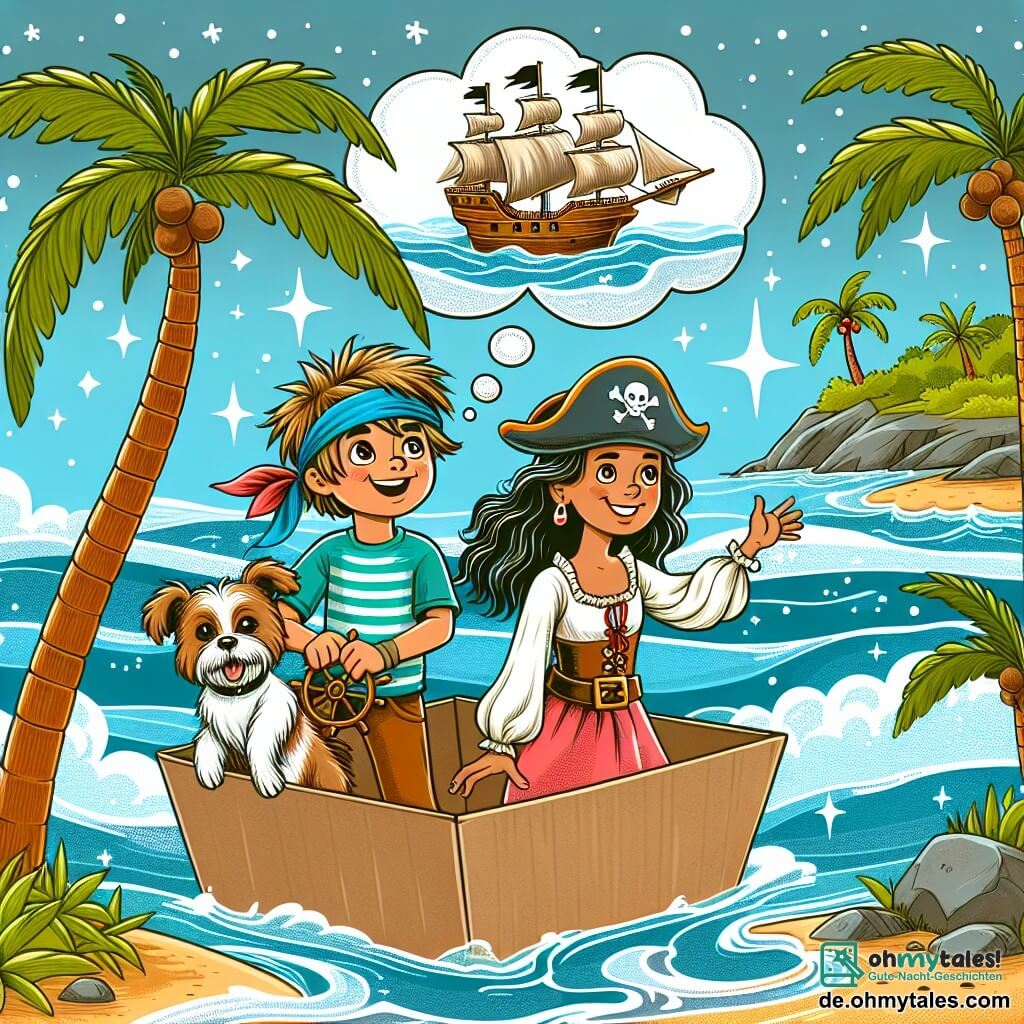 Une illustration destinée aux enfants représentant un jeune garçon intrépide rêvant de trésors pirates, accompagné de sa meilleure amie, une fille courageuse, et de leur fidèle chien, naviguant sur un petit bateau en carton au large de l'île Tortuga, avec des palmiers ondulant et des vagues pétillantes.