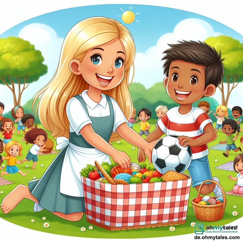 Une illustration destinée aux enfants représentant une fillette blonde et souriante organisant un grand picknick multiculturel dans un parc ensoleillé, avec un garçon passionné de football à ses côtés, entourés d'enfants de différentes origines, tous jouant ensemble dans une ambiance joyeuse et colorée.