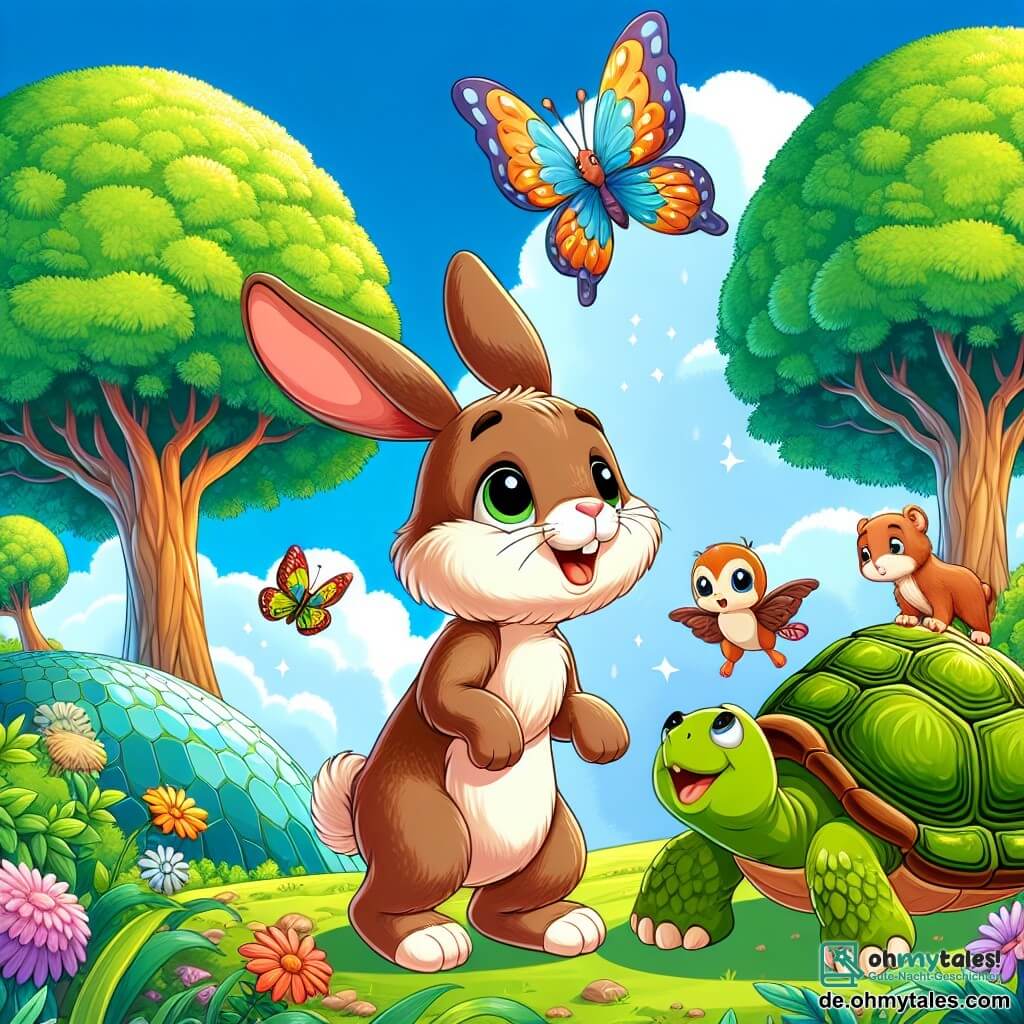 Illustration einer bunten Szene in einem üppigen Gründom, wo große Bäume mit leuchtend grünen Blättern in den blauen Himmel mit flauschigen weißen Wolken ragen. In der Mitte steht ein kleiner Hase mit großen Ohren und weichem braunem Fell, dessen neugierige Augen funkelnd sind, auf seinen Hinterbeinen mit einem fröhlichen Lächeln im Gesicht. Neben ihm fliegt ein bunter Schmetterling mit leuchtend gelben und blauen Flügeln um ihn herum und verleiht der Szene einen Hauch von Magie. Im Hintergrund beobachtet eine alte Schildkröte mit rauer Panzer und weisen Augen die Szene besorgt und sucht ihren verlorenen Hut. Der Hase und der Schmetterling scheinen bereit zu sein, sich auf ein Abenteuer zu begeben, umgeben von leuchtenden Blumen und kleinen neugierigen Tieren, die sie interessiert betrachten. Die Atmosphäre ist fröhlich und voller Energie und fängt den Geist von Freundschaft und Abenteuer der Geschichte ein.