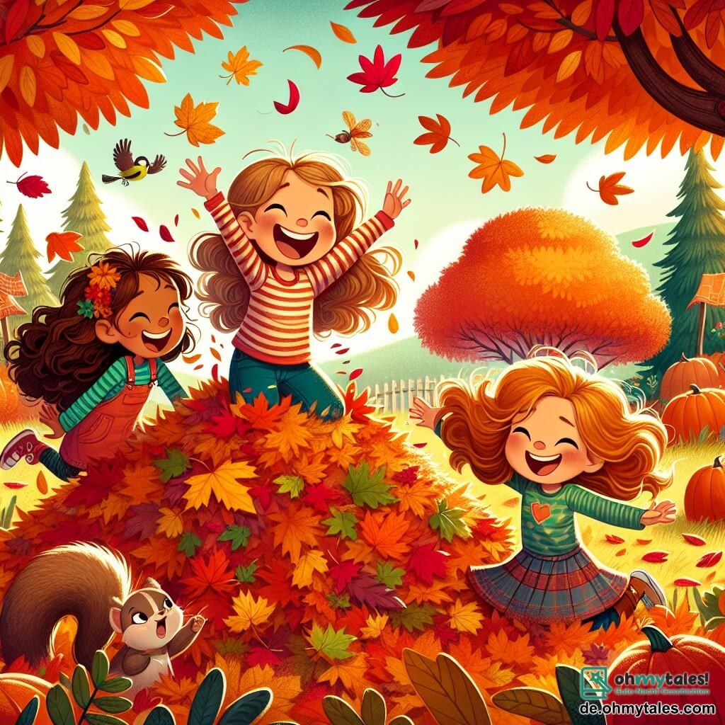 Illustration eines Feldes im Herbst, mit Bäumen, deren Blätter leuchtend rot, orange und gelb sind, und einem hellblauen Himmel, der mit weißen, baumwollartigen Wolken übersät ist. In der Mitte springen drei sechsjährige Mädchen mit langen, lockigen Haaren, die bunte Pullover und Jeans tragen, fröhlich in einem großen Haufen Laub. Eines von ihnen, mit braunen Haaren, lacht laut, während eine andere, mit blonden Haaren, die Arme in die Luft hebt, und die dritte, mit roten Haaren, sich darauf vorbereitet, in den Laubhaufen zu springen. Um sie herum wirbeln Blätter in der Luft, und einige kleine Tiere, wie ein neugieriges Eichhörnchen und ein buntes Vogel, beobachten sie amüsiert. Im Hintergrund sieht man ein Feld mit orangefarbenen Kürbissen, das der herbstlichen Szene eine festliche Note verleiht.