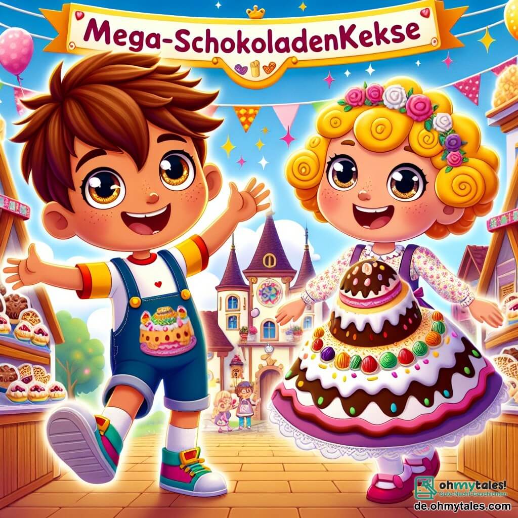 Une illustration sous forme de dessin destinée aux enfants représentant une scène animée dans une charmante petite ville appelée Keksdorf, où un garçon de 9 ans aux cheveux châtains et aux yeux pétillants, vêtu d'un t-shirt coloré et d'un short, est en train de danser joyeusement avec sa meilleure amie, une fille aux cheveux blonds et bouclés, portant une robe à fleurs, alors qu'ils présentent leurs délicieux et colorés « Mega-Schokoladenkekse » à un public enthousiaste lors d'un concours de pâtisserie, avec des décorations de gâteaux et des ballons flottants en arrière-plan, créant une atmosphère festive et pleine de magie.