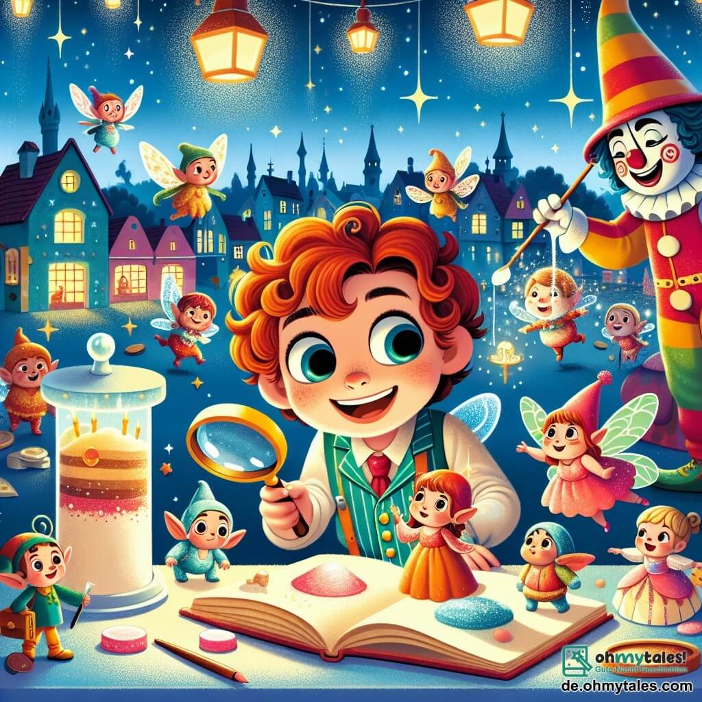 Une illustration sous forme de dessin destinée aux enfants représentant une scène colorée et magique dans la ville de Glitzersheim, où une fille de 7 ans aux cheveux roux bouclés et au sourire éclatant, tenant une loupe et un carnet, cherche un petit livre scintillant sur une table en sucre, entourée de petites créatures féeriques, dont une elfe aux ailes brillantes qui pleure, tandis qu'un grand clown aux vêtements multicolores et au visage peint tente de les aider, le tout sous un ciel étoilé illuminé par des lanternes flottantes et des éclats de magie.