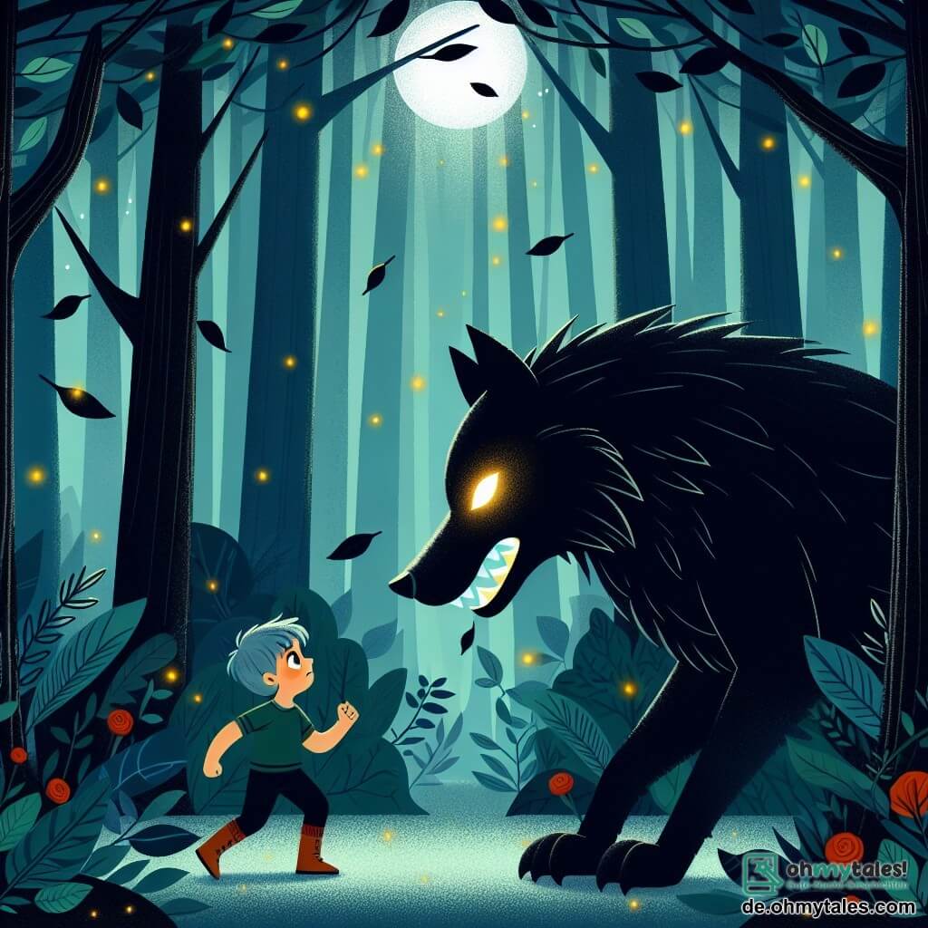 Une illustration destinée aux enfants représentant un petit garçon courageux défiant un grand méchant loup dans une mystérieuse forêt dense et sombre, avec en arrière-plan des arbres immenses et des feuilles qui dansent au vent, accompagné d'un imposant loup aux yeux luisants.