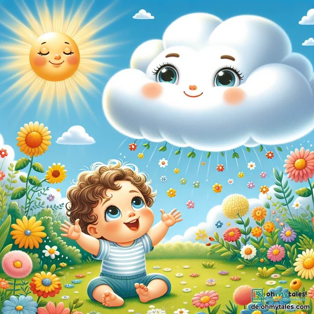 Une illustration sous forme de dessin destinée aux enfants représentant un jardin ensoleillé rempli de fleurs colorées, où un garçon d'un an aux cheveux bouclés et aux yeux pétillants, assis sur l'herbe, lève les bras vers le ciel en souriant, tandis qu'une grande, douce nuage blanche, avec un visage amical, flotte au-dessus de lui, lui parlant avec bienveillance, créant une atmosphère magique et joyeuse, symbolisant l'apprentissage et la croissance à travers l'émerveillement.