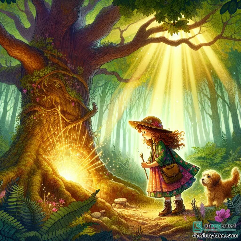 Une illustration sous forme de dessin destinée aux enfants représentant une forêt enchantée avec un grand vieux chêne au centre, où une fille de 11 ans aux cheveux bruns ondulés, portant une robe colorée et un chapeau d'aventurière, s'agenouille avec émerveillement devant un éclat doré émanant d'une petite crevasse dans l'écorce, tandis qu'à ses côtés, un petit chien aux poils dorés, curieux et joyeux, renifle le sol, le tout baigné par la douce lumière du soleil filtrant à travers les feuilles, évoquant un moment magique de découverte et d'aventure.