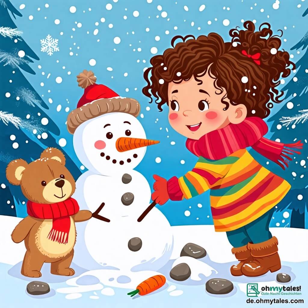 Une illustration sous forme de dessin destinée aux enfants représentant un paysage hivernal féérique avec des flocons de neige tombant doucement, au centre une petite fille de 2 ans avec des cheveux bouclés et un grand sourire, vêtue d'un manteau coloré, en train de rouler des boules de neige pour construire un bonhomme de neige, tandis qu'à ses côtés, un ours en peluche avec un écharpe rouge l'encourage joyeusement, le bonhomme de neige prenant forme avec une carotte pour le nez et des pierres pour les yeux, le tout baigné dans une atmosphère festive de Noël.