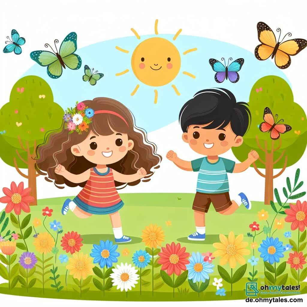 Une illustration destinée aux enfants représentant une petite fille aux boucles brunes jouant avec un garçon aux cheveux noirs dans un parc ensoleillé, entourés de fleurs colorées et d'une famille de papillons dansant joyeusement.