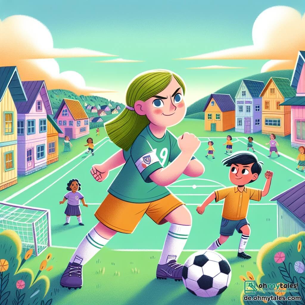 Une illustration destinée aux enfants représentant une jeune fille déterminée à briser les stéréotypes de genre en participant à un tournoi de football, accompagnée d'un garçon qui apprend l'importance de l'égalité des sexes, dans un village coloré et animé appelé Sonnenblick.