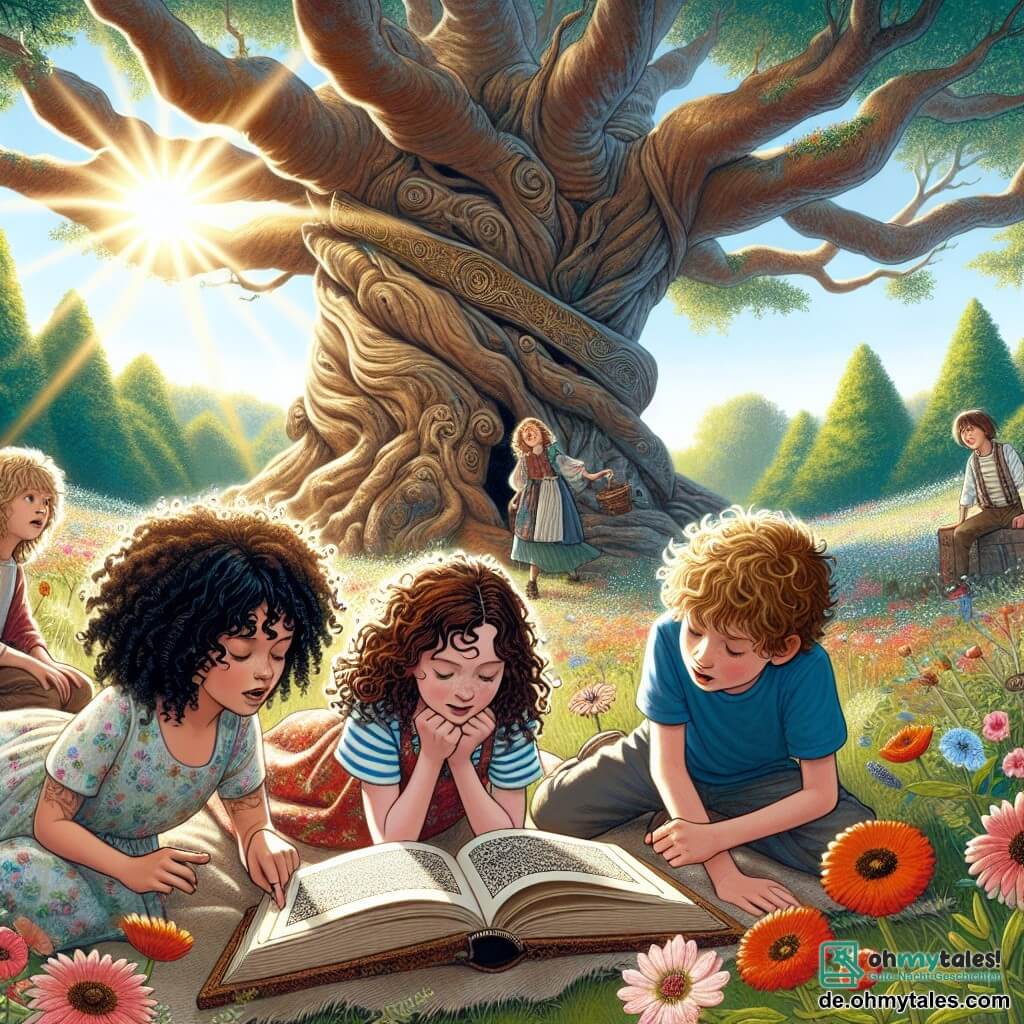 Une illustration sous forme de dessin destinée aux enfants représentant un vieux parc ensoleillé avec un grand arbre noueux au centre, où un groupe de trois enfants de 11 ans, deux filles aux cheveux châtains et bouclés, l'une portant une robe à fleurs et l'autre un t-shirt rayé, ainsi qu'un garçon aux cheveux blonds et courts en t-shirt bleu, se penchent avec excitation sur un vieux livre ouvert sur une couverture en herbe, entourés de fleurs colorées, tandis qu'ils découvrent des indices mystérieux pour résoudre le secret d'un trésor caché.