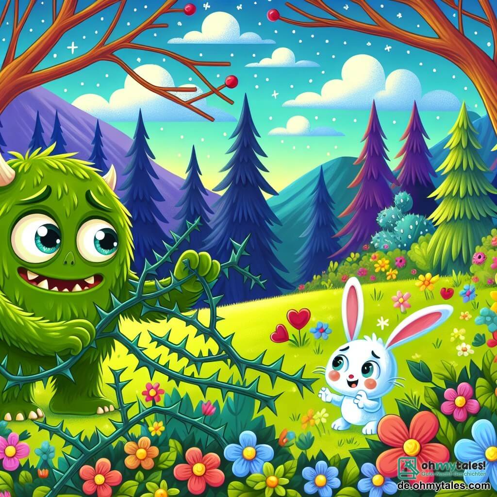 Une illustration destinée aux enfants représentant un petit monstre vert, aux yeux jaunes brillants, cherchant désespérément des amis dans un sombre et mystérieux bois, où il rencontre un petit lapin blanc, avec des oreilles en forme de cœur, coincé dans un buisson épineux, au bord d'un magnifique vallon parsemé de fleurs colorées et sous un ciel d'un bleu éclatant.