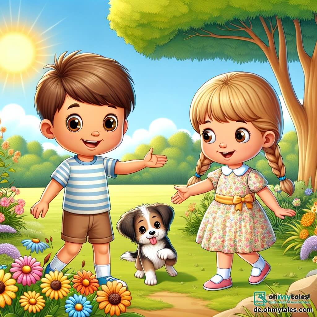 Une illustration sous forme de dessin destinée aux enfants représentant un jardin ensoleillé avec des fleurs colorées et un grand arbre, où un garçon de 5 ans aux cheveux bruns et aux yeux pétillants, vêtu d'un t-shirt rayé et d'un short, tend la main vers un petit chien perdu qui s'approche timidement, tandis qu'une fille de 5 ans aux cheveux blonds et tressés, portant une robe à fleurs, observe la scène avec un sourire encourageant, illustrant ainsi le moment où le garçon découvre sa confiance en soi en aidant un animal en détresse.