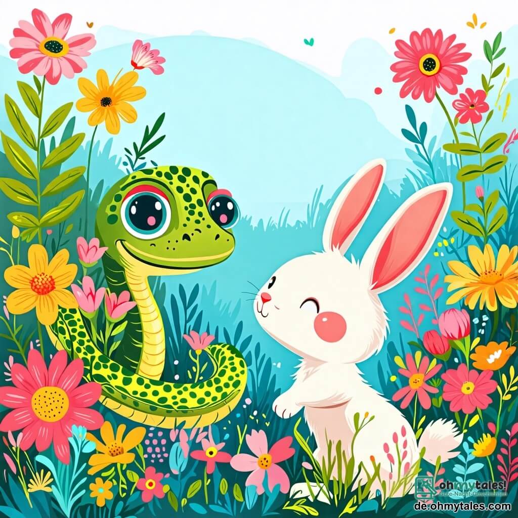 Une illustration sous forme de dessin destinée aux enfants représentant un jardin coloré rempli de fleurs éclatantes et de verdure luxuriante, où un petit serpent vert aux écailles brillantes, avec de grands yeux curieux, se cache joyeusement derrière un bouquet de fleurs, tandis qu'un joyeux lapin aux grandes oreilles et à la fourrure blanche, avec un sourire espiègle, cherche son ami en comptant, capturant ainsi l'instant amusant de leur jeu de cache-cache.