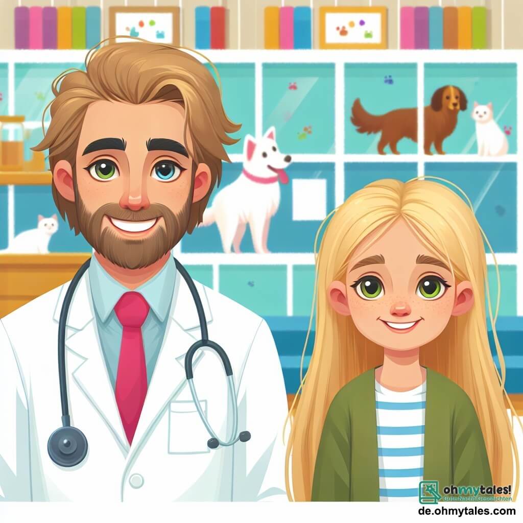 Une illustration destinée aux enfants représentant un vétérinaire bienveillant et souriant, accompagné de sa fille curieuse aux longs cheveux blonds, dans une clinique vétérinaire chaleureuse et colorée.