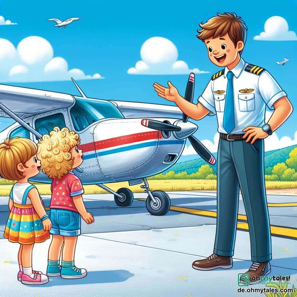 Une illustration sous forme de dessin destinée aux enfants représentant un petit aéroport ensoleillé avec un avion léger argenté et rouge garé sur le tarmac, un homme pilote souriant en uniforme bleu avec des épaulettes dorées, debout à côté de l'avion, expliquant avec enthousiasme le fonctionnement de l'appareil à deux enfants, une fille aux cheveux blonds et bouclés portant une robe colorée, et un garçon aux cheveux bruns courts en t-shirt et short, tous deux captivés par l'aventure du vol imminent, avec des nuages moelleux dans le ciel bleu et des arbres verdoyants en arrière-plan.