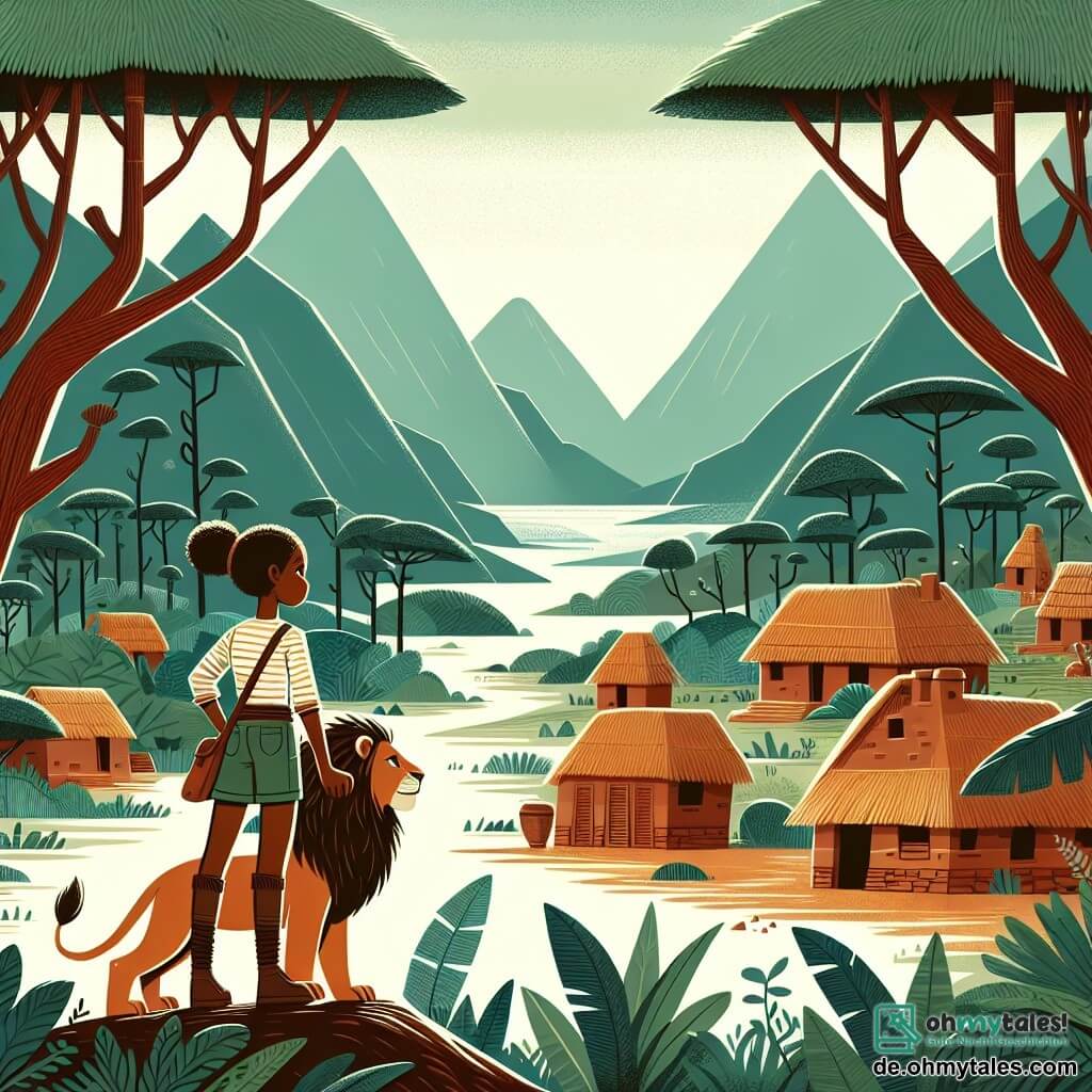 Une illustration destinée aux enfants représentant une jeune femme courageuse se tenant au bord d'un village africain entouré de denses forêts, avec un majestueux lion à ses côtés, prête à entreprendre une incroyable aventure à la découverte des cultures et traditions de l'Afrique.