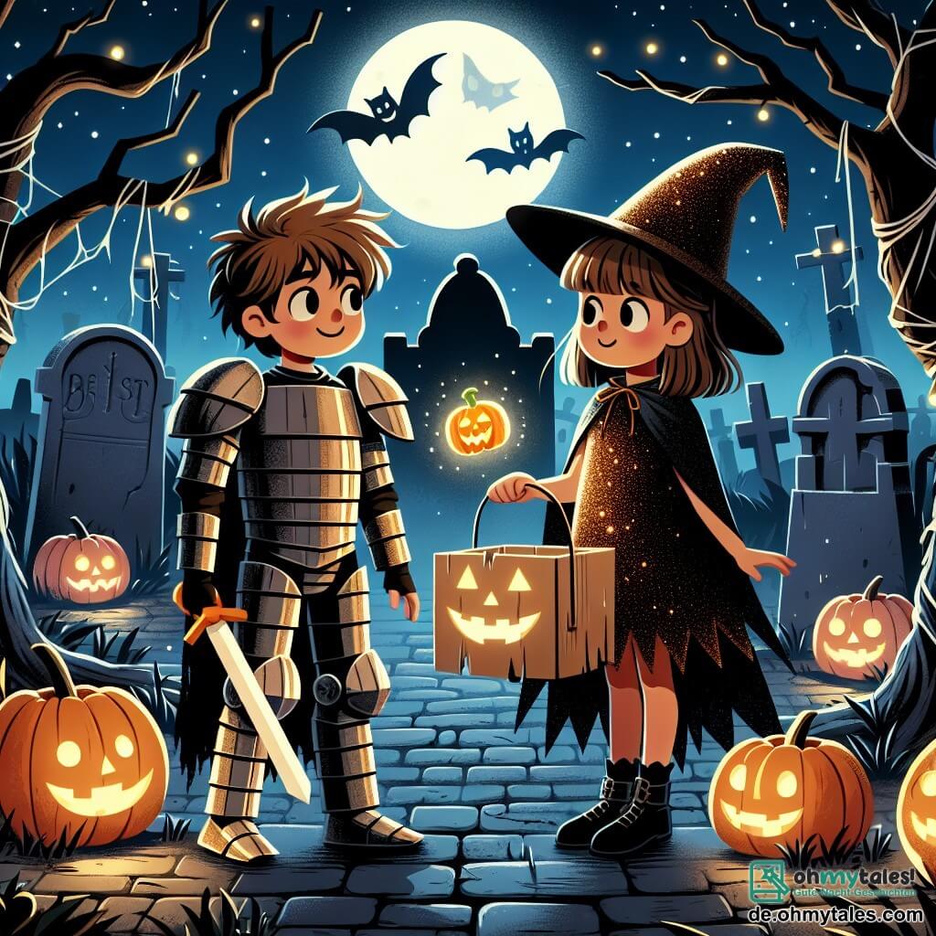 Une illustration sous forme de dessin destinée aux enfants représentant un vieux cimetière d'Halloween, avec des tombes ornées de citrouilles lumineuses et des arbres aux branches tordues, où un garçon de 11 ans aux cheveux ébouriffés, vêtu d'une armure en carton et brandissant un épée en bois, se tient courageusement aux côtés de sa meilleure amie, une fille déguisée en sorcière avec un chapeau pointu et un manteau noir scintillant, alors qu'ils rencontrent un petit esprit joyeux, flottant devant eux, illuminé par la lune, dans une ambiance à la fois effrayante et magique, tandis qu'ils se préparent à vivre une aventure inoubliable.