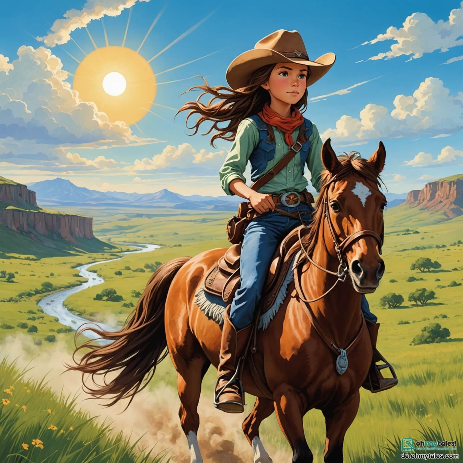 Une illustration destinée aux enfants représentant une jeune cow-girl intrépide aux longs tresses brunes, chevauchant son fidèle mustang au galop à travers la vaste prairie dorée de Dusty Creek, où les rayons du soleil caressent les collines verdoyantes et les nuages cotonneux dans un ciel azur, tandis qu'un grand cowboy à la barbe hirsute, à la fois rival et futur ami, observe avec admiration son audace et son esprit combatif.