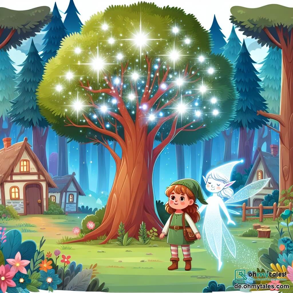 Une illustration destinée aux enfants représentant une jeune fille curieuse et courageuse se tenant devant un arbre magique aux feuilles scintillantes, accompagnée d'une élfe bienveillante à l'apparence lumineuse, dans un village entouré de denses forêts aux arbres majestueux et aux couleurs chatoyantes.