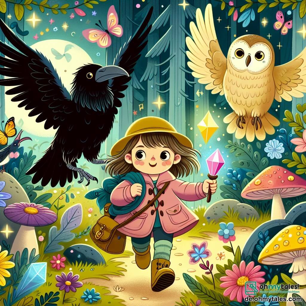 Une illustration destinée aux enfants représentant une petite fille courageuse partant à l'aventure avec un rabe intrépide et une chouette sage, à la découverte du Magique Kristall, dans un Zauberwald enchanté rempli de fleurs colorées, de champignons lumineux et de papillons scintillants.