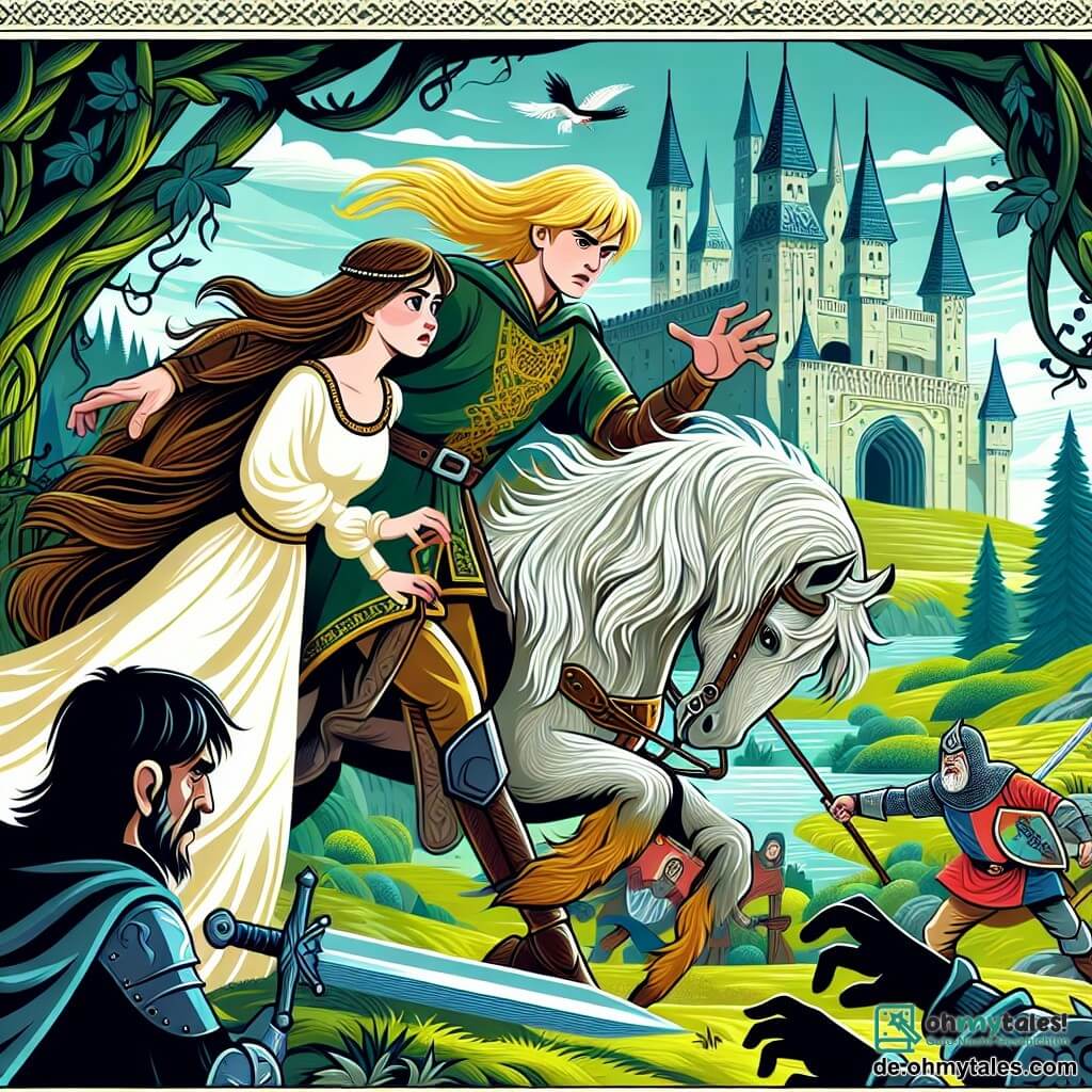 Une illustration destinée aux enfants représentant une jeune femme aux longs cheveux bruns, plongée dans une aventure médiévale aux côtés d'un courageux chevalier blond, combattant un sorcier maléfique, dans une ancienne forteresse entourée de mystérieuses forêts verdoyantes.