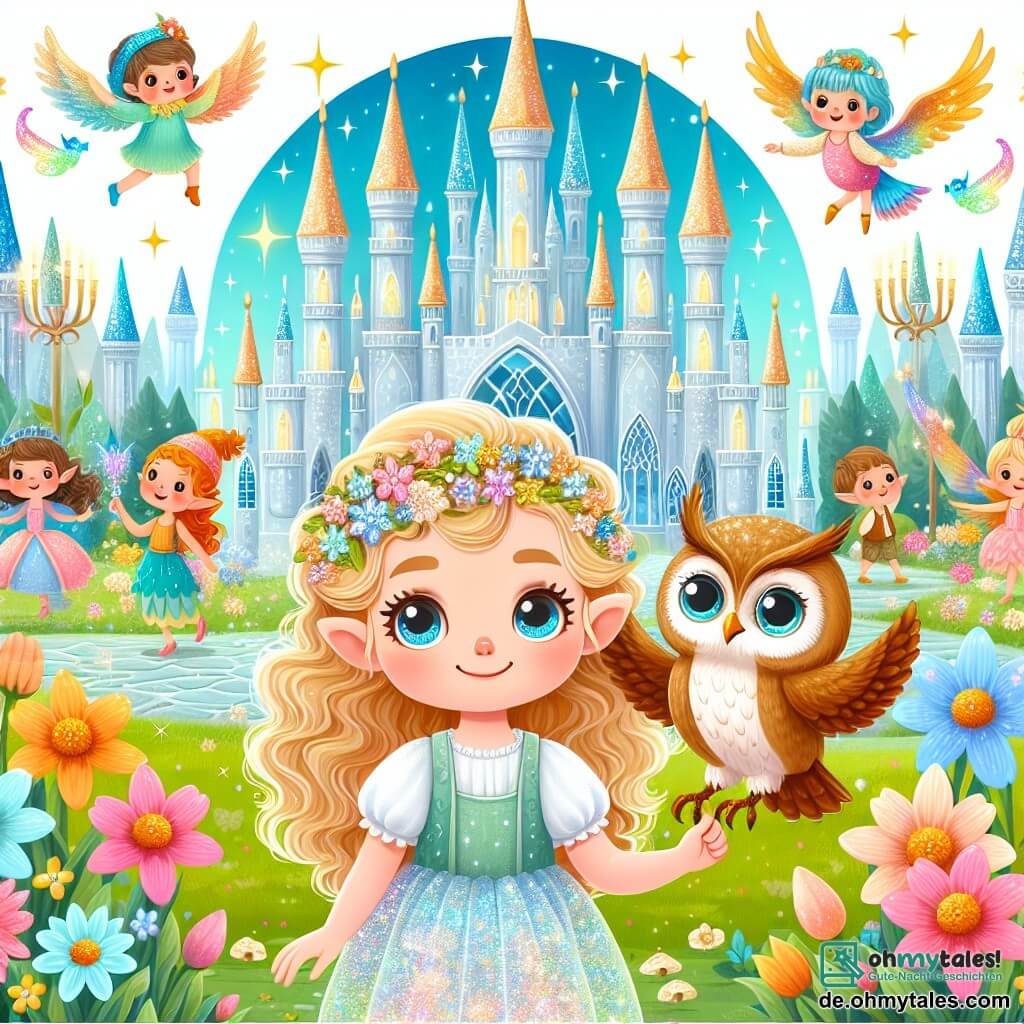 Une illustration destinée aux enfants représentant une fille aux boucles d'or brillantes se tenant devant un majestueux château en cristal, accompagnée d'une sage chouette aux yeux pétillants, dans un Zauberland enchanté rempli de fleurs colorées, d'elfes dansants et de chants d'oiseaux joyeux.