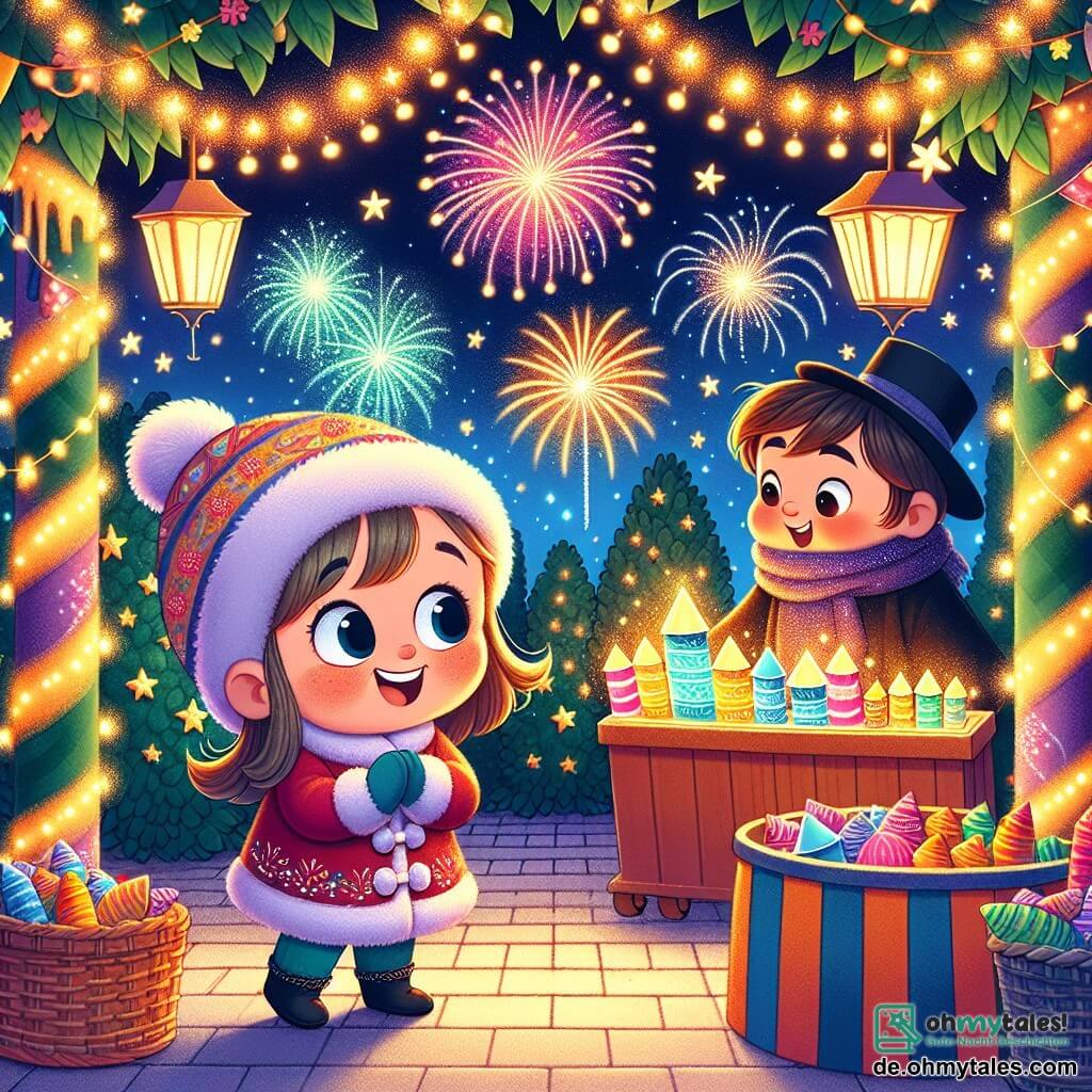Une illustration destinée aux enfants représentant une petite fille, excitée pour le nouvel an, rencontrant un mystérieux feuerwerksverkäufer, avec des feux d'artifice colorés illuminant le ciel étoilé de la nuit, dans un jardin décoré de guirlandes scintillantes et de lanternes brillantes.