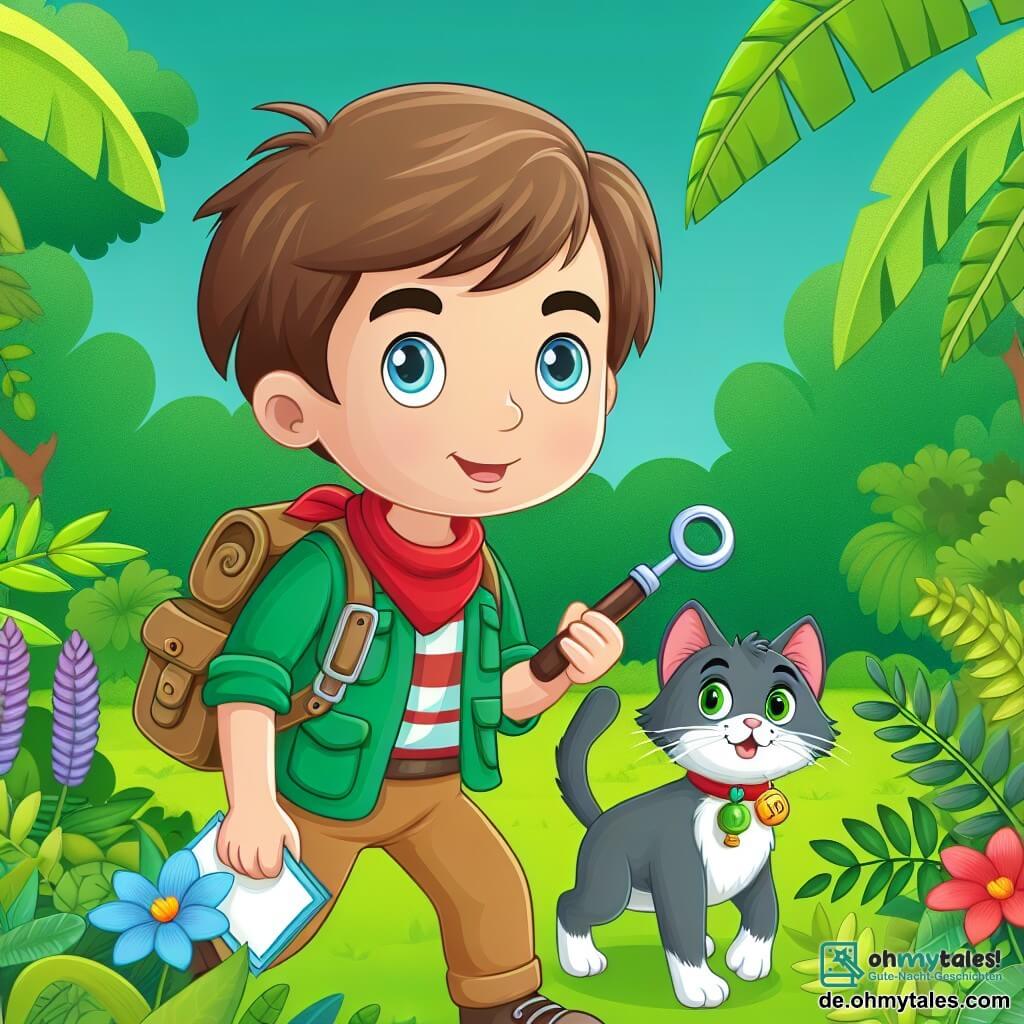Une illustration destinée aux enfants représentant un petit garçon curieux et déterminé, accompagné de sa chatte aventurière, cherchant dans un parc verdoyant et coloré, à la recherche d'un mystère disparu.