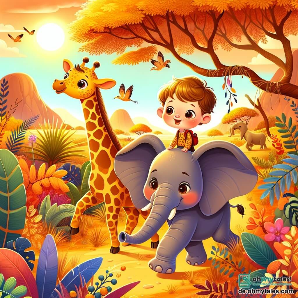 Une illustration destinée aux enfants représentant une girafe fillette aux taches dorées, vivant des aventures amusantes avec un éléphant garçon aux grandes oreilles, dans la savane africaine baignée de couleurs chaudes et de plantes exotiques.