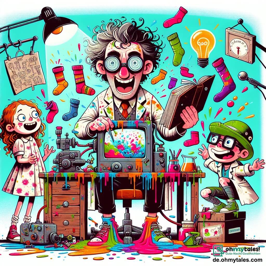 Une illustration sous forme de dessin destinée aux enfants représentant une colorée et chaotique atelier d'inventions, où un homme aux cheveux ébouriffés et à la grande paire de lunettes rondes, vêtu d'un vieux manteau de laboratoire taché de peinture, est en train de bricoler frénétiquement une machine à fabriquer des chaussettes invisibles, tandis qu'une petite fille aux cheveux bouclés et vêtue d'une robe à fleurs, observant avec curiosité, tient un grand livre d'inventions, et un petit garçon aux lunettes, riant et tenant un drôle de chapeau vert, s'amuse à essayer de porter une des chaussettes colorées qui débordent de la machine, créant une ambiance de joie et de créativité.