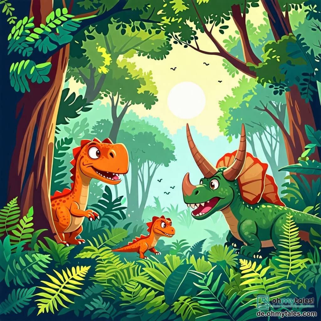 Une illustration sous forme de dessin destinée aux enfants représentant un vaste et verdoyant paysage forestier avec des arbres majestueux et des fougères luxuriantes, où un petit vélociraptor au plumage vert brillant et aux grands yeux curieux se cache derrière un arbre, riant joyeusement, tandis qu'un grand triceratops aux trois cornes et à la peau rugueuse, avec un sourire amical, compte à haute voix, et un jeune brachiosaurus au long cou observe la scène avec intérêt, capturant l'esprit ludique et l'amitié des dinosaures en pleine partie de cache-cache.