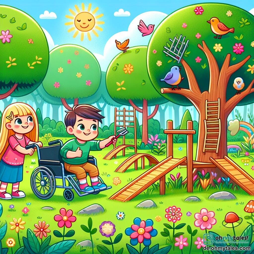 Une illustration destinée aux enfants représentant une fille curieuse et pleine de vie, faisant équipe avec un garçon en fauteuil roulant, construisant un magnifique arbre à la rampe colorée dans un parc ensoleillé rempli de fleurs et d'oiseaux chantants.