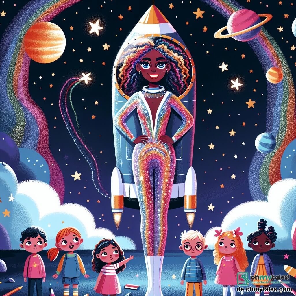 Une illustration sous forme de dessin destinée aux enfants représentant un grand espace ouvert, avec une magnifique fusée colorée aux reflets brillants, tandis qu'une femme aux cheveux bouclés et aux yeux pétillants, portant une combinaison spatiale scintillante, se tient à côté de la fusée, souriante et prête à décoller, entourée de quelques enfants aux visages émerveillés, qui regardent avec excitation et curiosité, alors que des étoiles scintillantes et des planètes colorées illuminent le ciel nocturne, créant une atmosphère magique d'aventure spatiale.