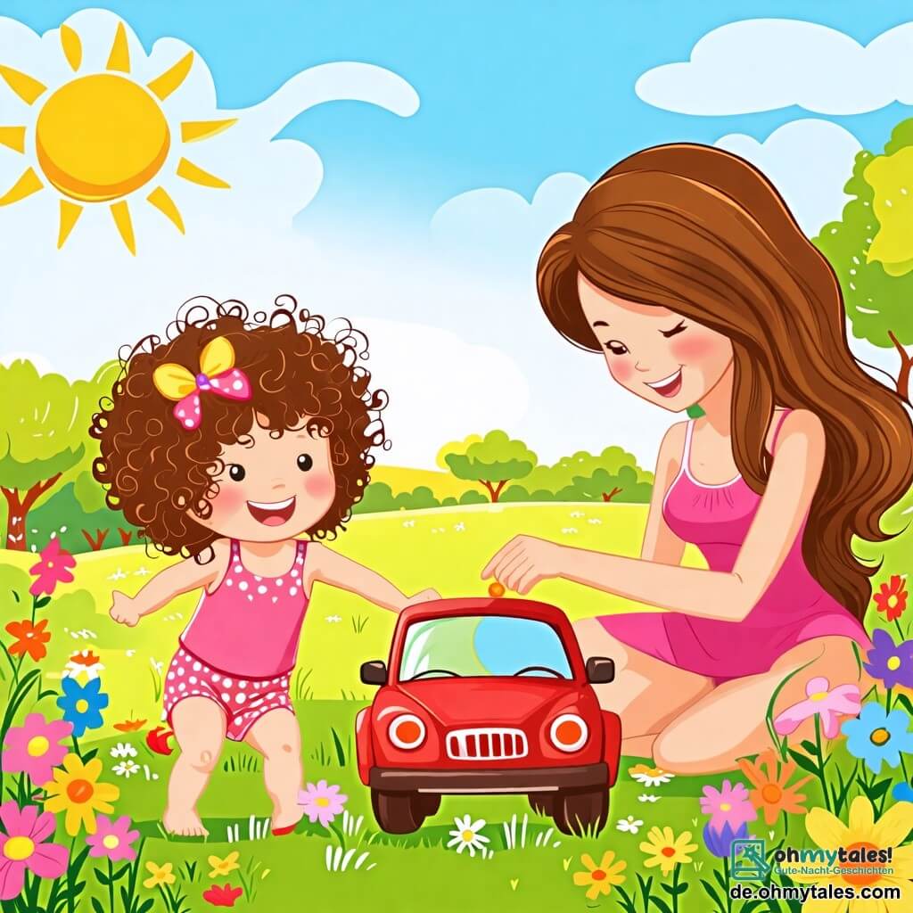 Une illustration sous forme de dessin destinée aux enfants représentant un jardin ensoleillé avec des fleurs colorées et un ciel bleu, où une petite fille de 2 ans aux cheveux bouclés et aux yeux pétillants, portant un maillot de bain rose, s'amuse à jouer avec un petit jouet auto rouge sur l'herbe, tandis qu'une maman souriante, aux cheveux longs et bruns, l'observe avec tendresse, créant une scène joyeuse de vacances d'été pleine de rires et de bonheur.