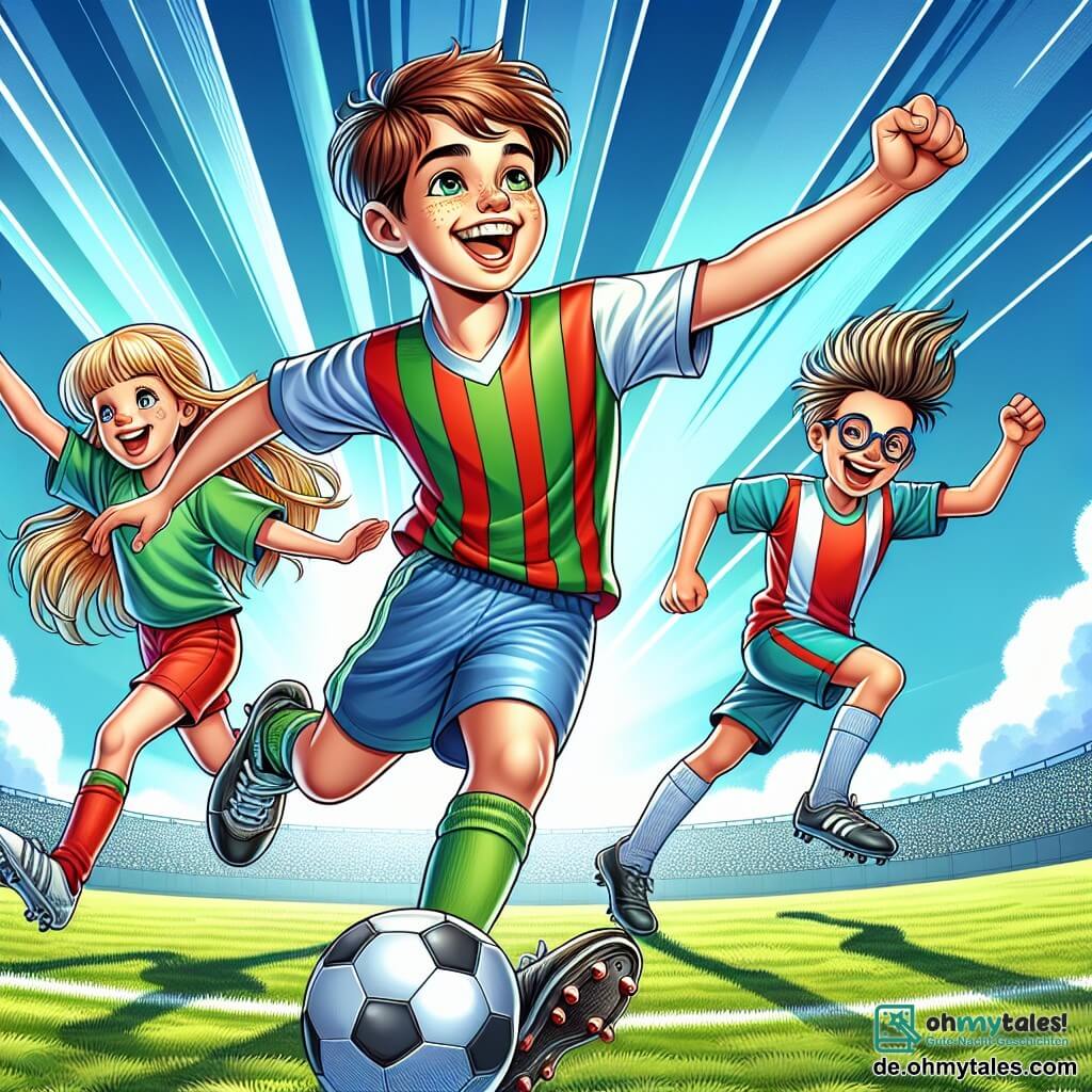 Une illustration sous forme de dessin destinée aux enfants représentant un terrain de football verdoyant sous un ciel bleu éclatant, où un jeune homme aux cheveux bruns et courts, vêtu d'un maillot coloré et de shorts, dribble habilement un ballon de football avec un grand sourire sur le visage, tandis qu'à ses côtés, une fille aux cheveux longs et blonds, portant une casquette rouge, l'encourage en levant les bras, et un garçon aux lunettes et à la mèche rebelle, qui applaudit avec enthousiasme, capturant l'esprit d'équipe et la passion du jeu dans une ambiance joyeuse et dynamique.