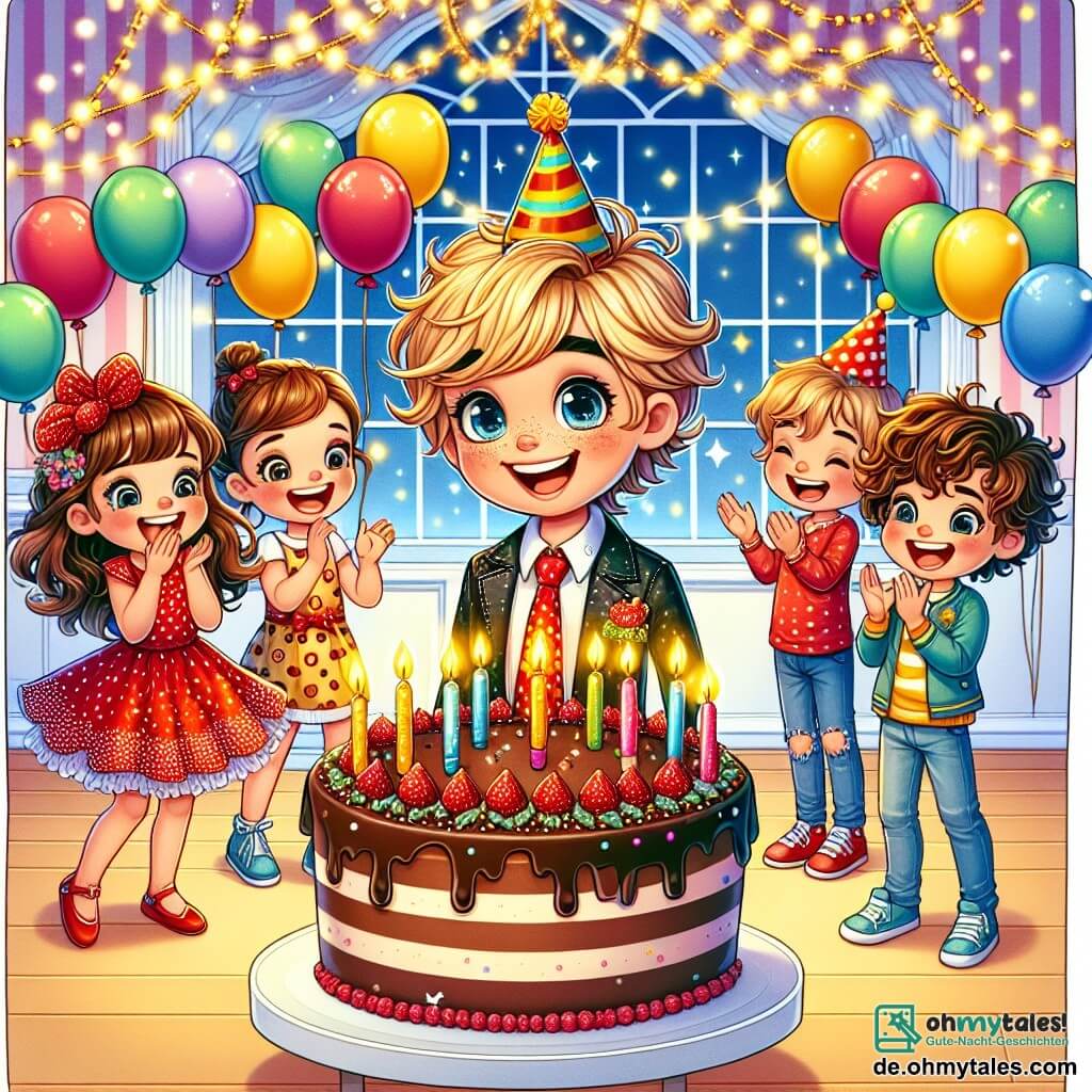 Une illustration sous forme de dessin destinée aux enfants représentant une salle de fête colorée, décorée de ballons multicolores et de guirlandes scintillantes, où un garçon de 5 ans aux cheveux blonds et aux yeux pétillants, souriant avec enthousiasme, se tient devant un grand gâteau au chocolat décoré de bougies, entouré de ses amis : une fille aux cheveux bruns en robe rouge à pois blancs qui applaudit joyeusement, un garçon aux cheveux châtains qui rit en tenant une part de gâteau, et une autre fille aux cheveux bouclés qui danse autour d'eux, tous célébrant ensemble un anniversaire rempli de rires et de magie.