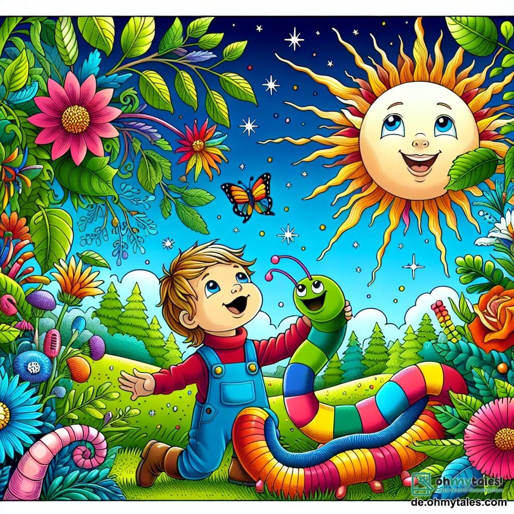 Une illustration destinée aux enfants représentant un petit garçon curieux découvrant un jardin enchanté en compagnie d'un joyeux regenwurm, au milieu d'une explosion de couleurs et de verdure, sous un ciel bleu azur éclatant de soleil.