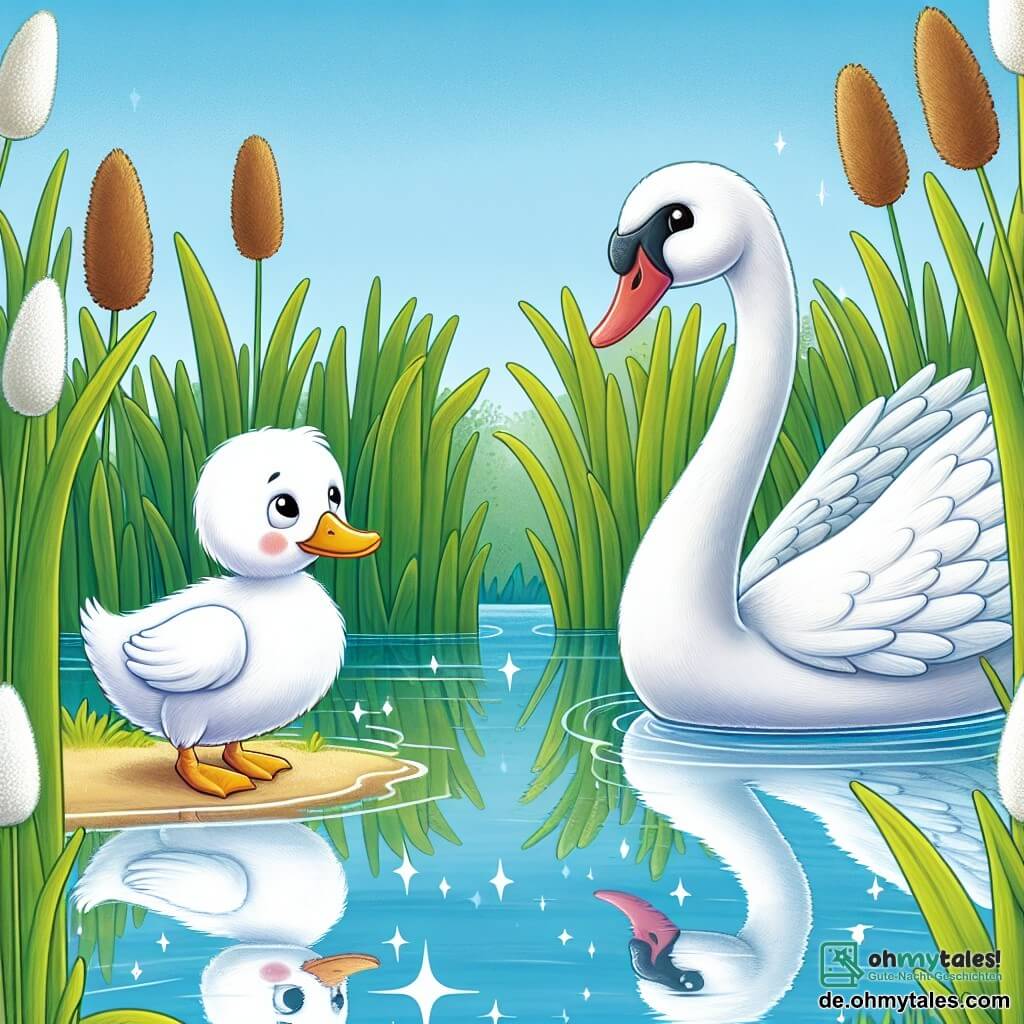 Une illustration destinée aux enfants représentant un canard blanc, différent des autres, se sentant seul au bord d'un lac, rencontrant un majestueux cygne blanc, muni de longs et élégants cous, dans un décor de roseaux verts et de reflets scintillants sur l'eau d'un lac calme et paisible.