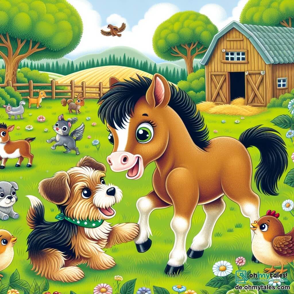 Une illustration destinée aux enfants représentant un jeune poulain espiègle jouant avec un petit chien malicieux dans une ferme pittoresque entourée de champs verdoyants et de joyeux animaux.